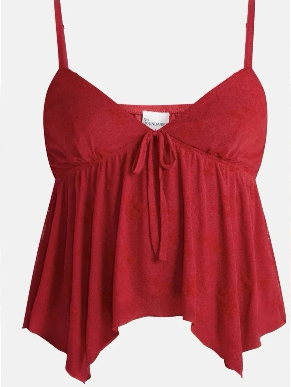 No Boundaries Red Asymmetrical  Handkerchief-Hem Tie-Front Cami Tank Top